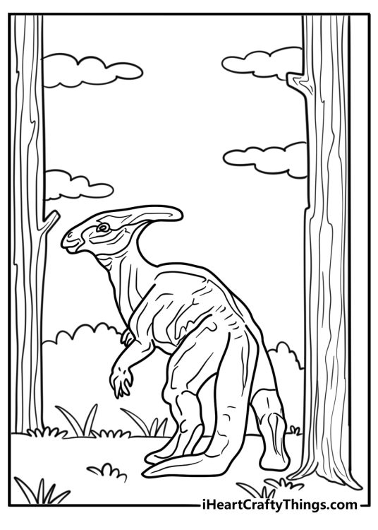 Parasaurolophus under a large tree canopy coloring page