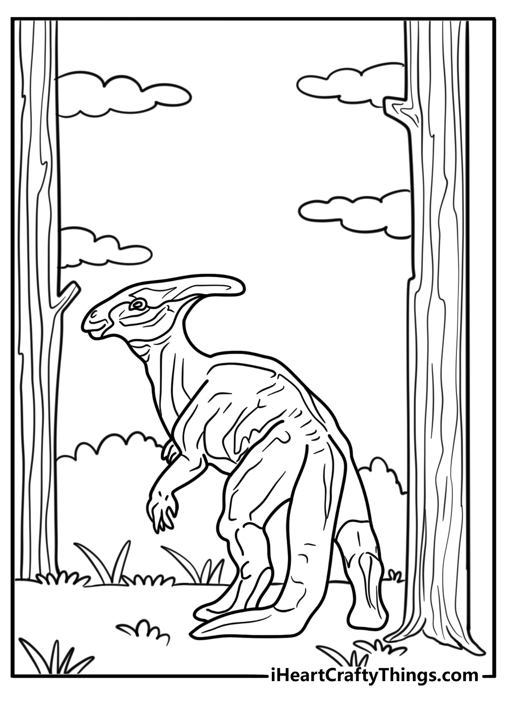 Parasaurolophus under a large tree canopy coloring page