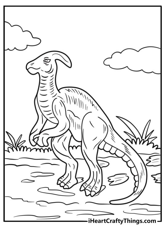 Parasaurolophus walking across a muddy path coloring page
