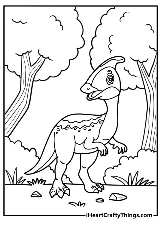 Parasaurolophus walking through a forest coloring page