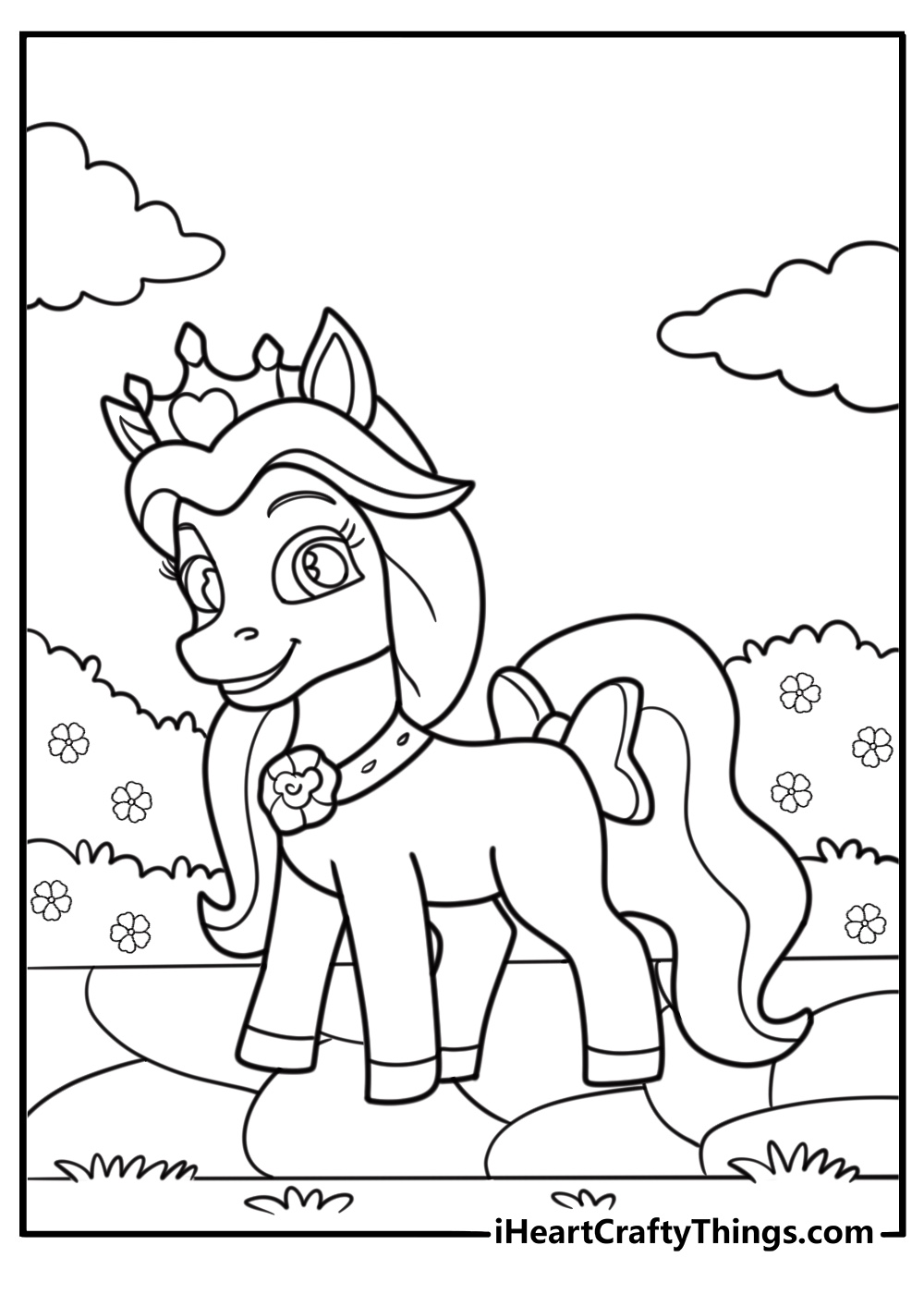 Petite the pony walking on a garden path detailed coloring sheet