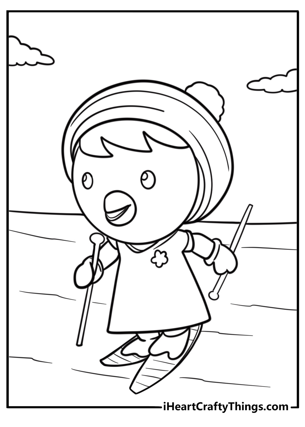 Petty the penguin skating on an icy lake coloring page