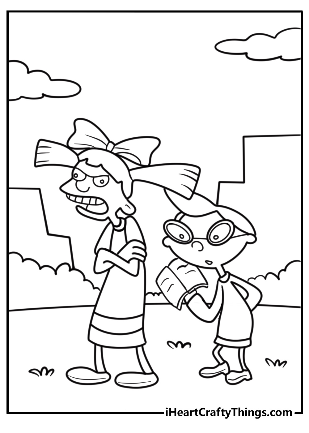 Phoebe reading a book next to Helga coloring page