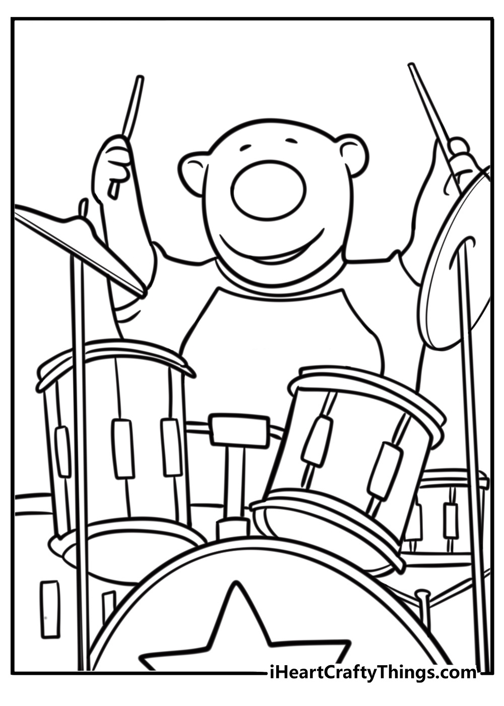 Poby playing a drum in a music band coloring page