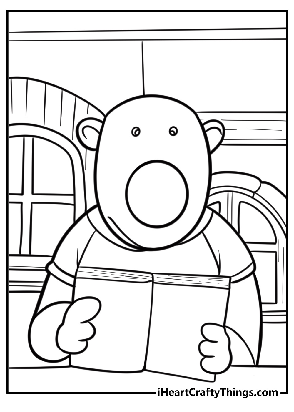 Poby reading a book in a cozy cabin coloring page