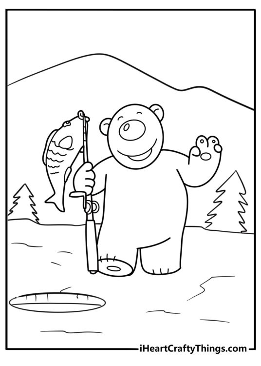 Poby the polar bear fishing near the ice coloring page