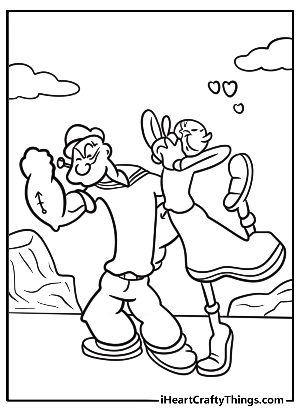 Popeye and Olive Oyl walking together detailed coloring sheet