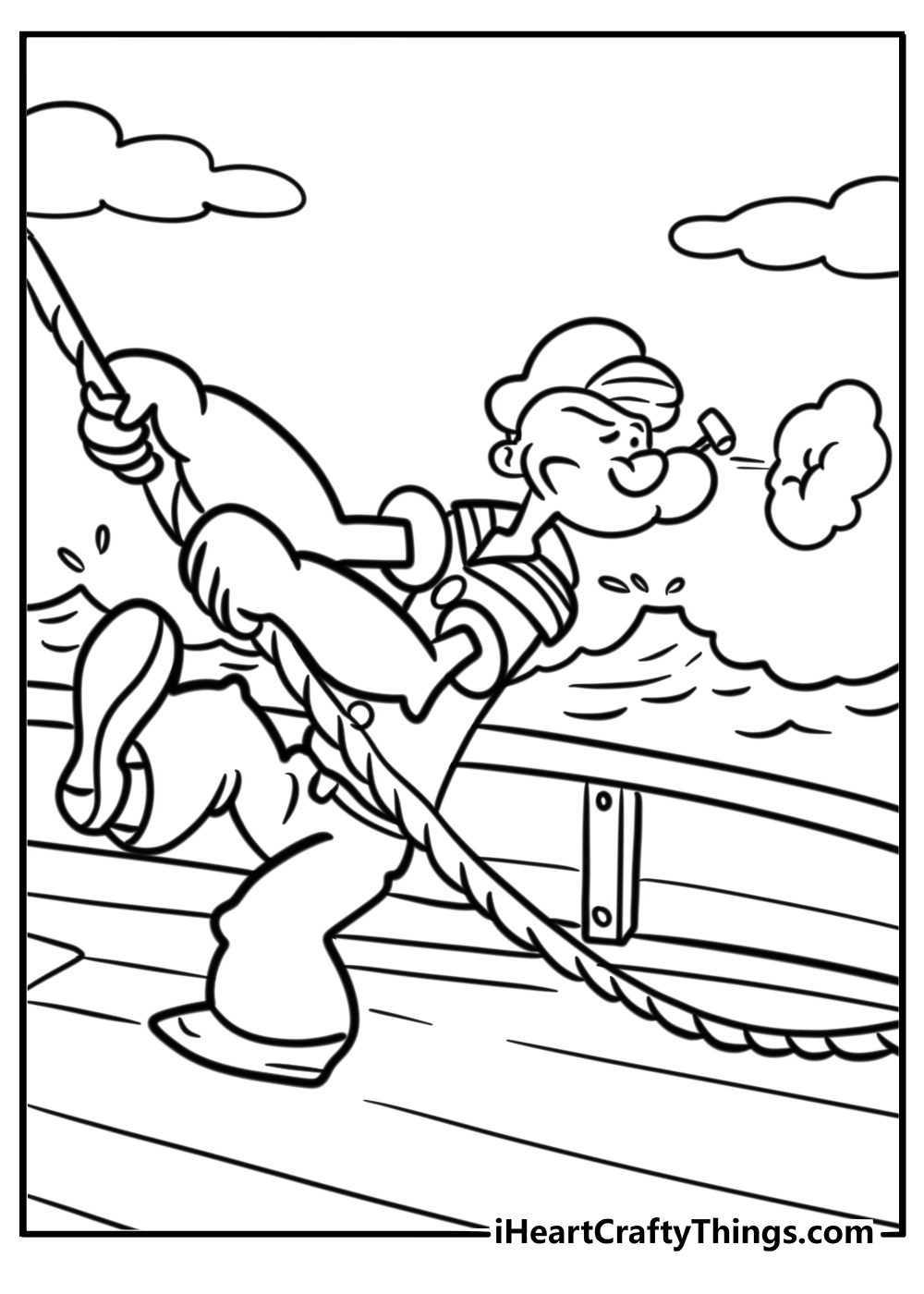 Popeye climbing a rope on a ship mast coloring sheet for kids