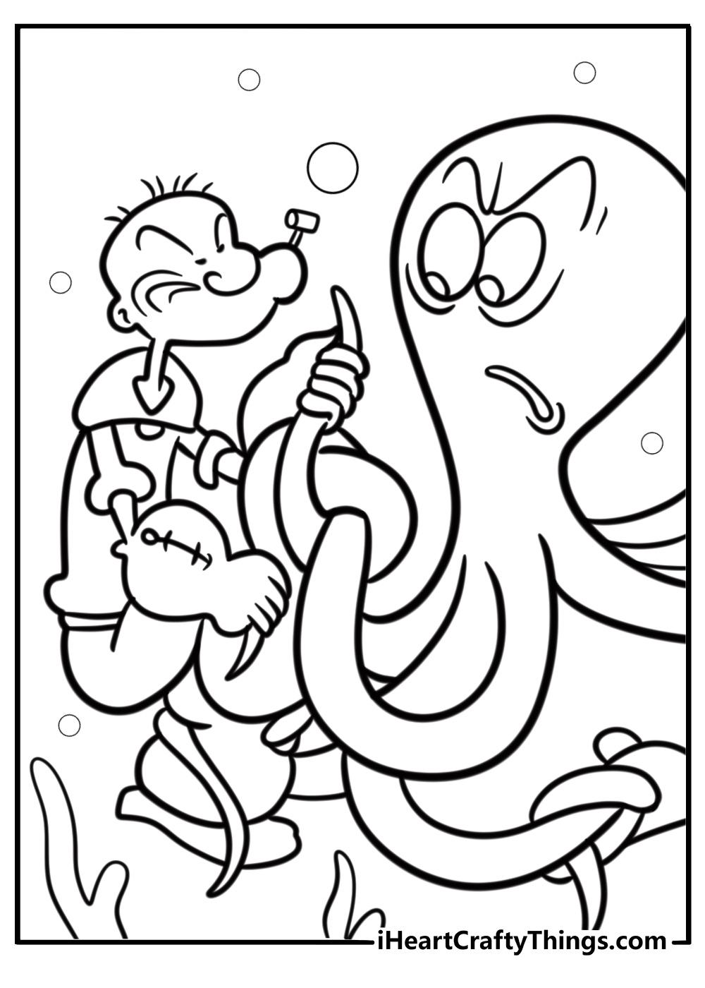 Popeye fighting an octopus underwater printable coloring page