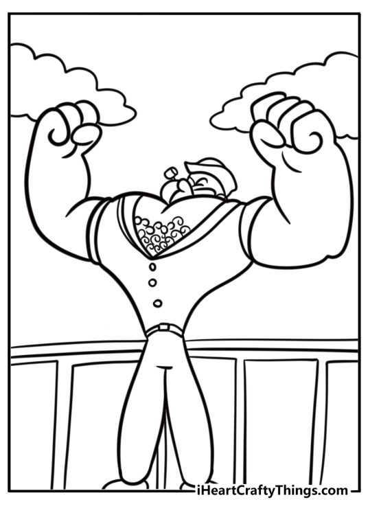 Popeye flexing his muscles after eating spinach coloring page