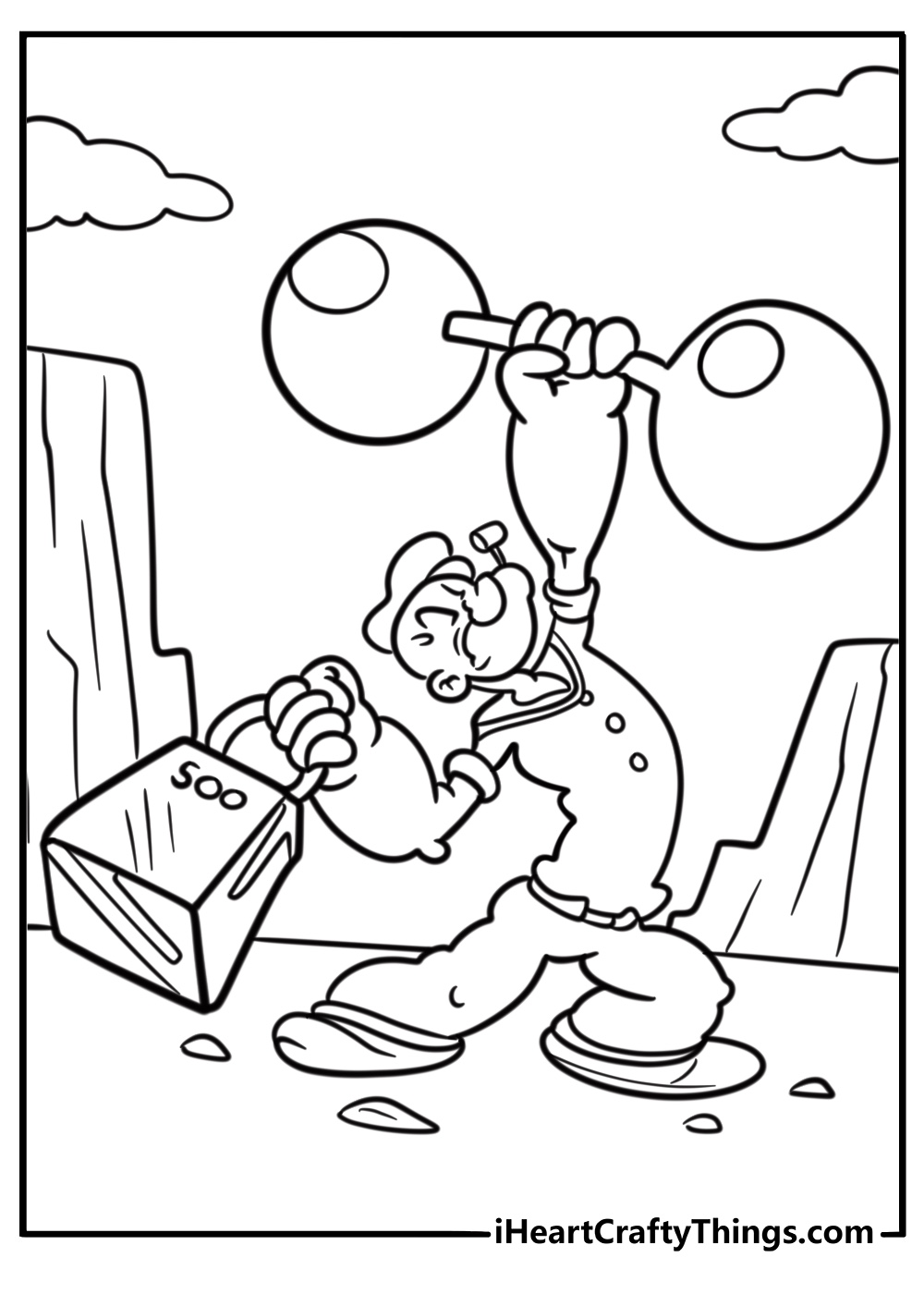 Popeye lifting a heavy object fun coloring sheet for kids