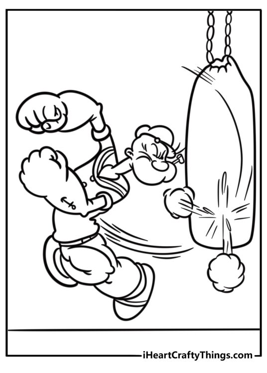 Popeye punching a punching bag detailed coloring sheet