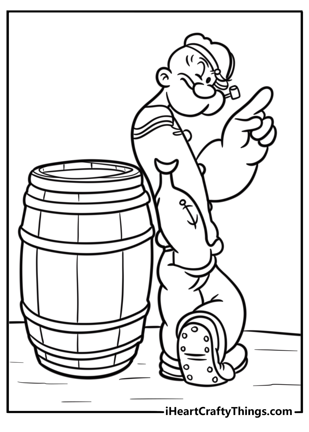 Popeye standing on a barrel with one eye closed printable coloring sheet