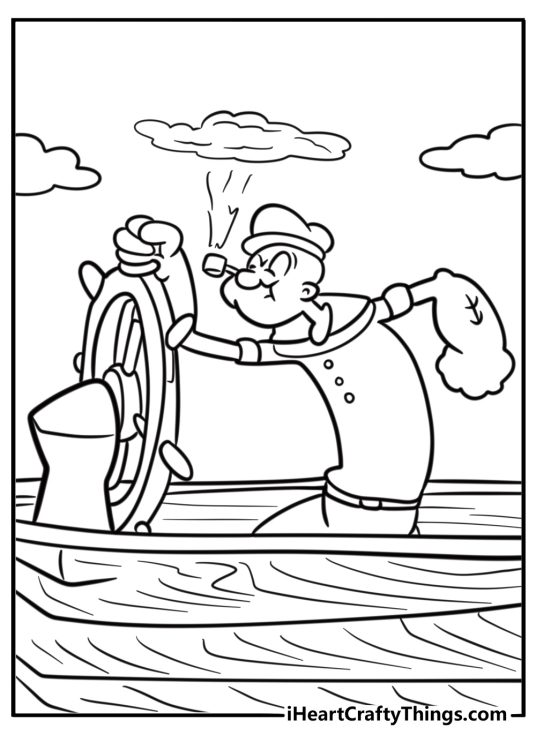 Popeye steering a boat with a pipe in his mouth coloring sheet