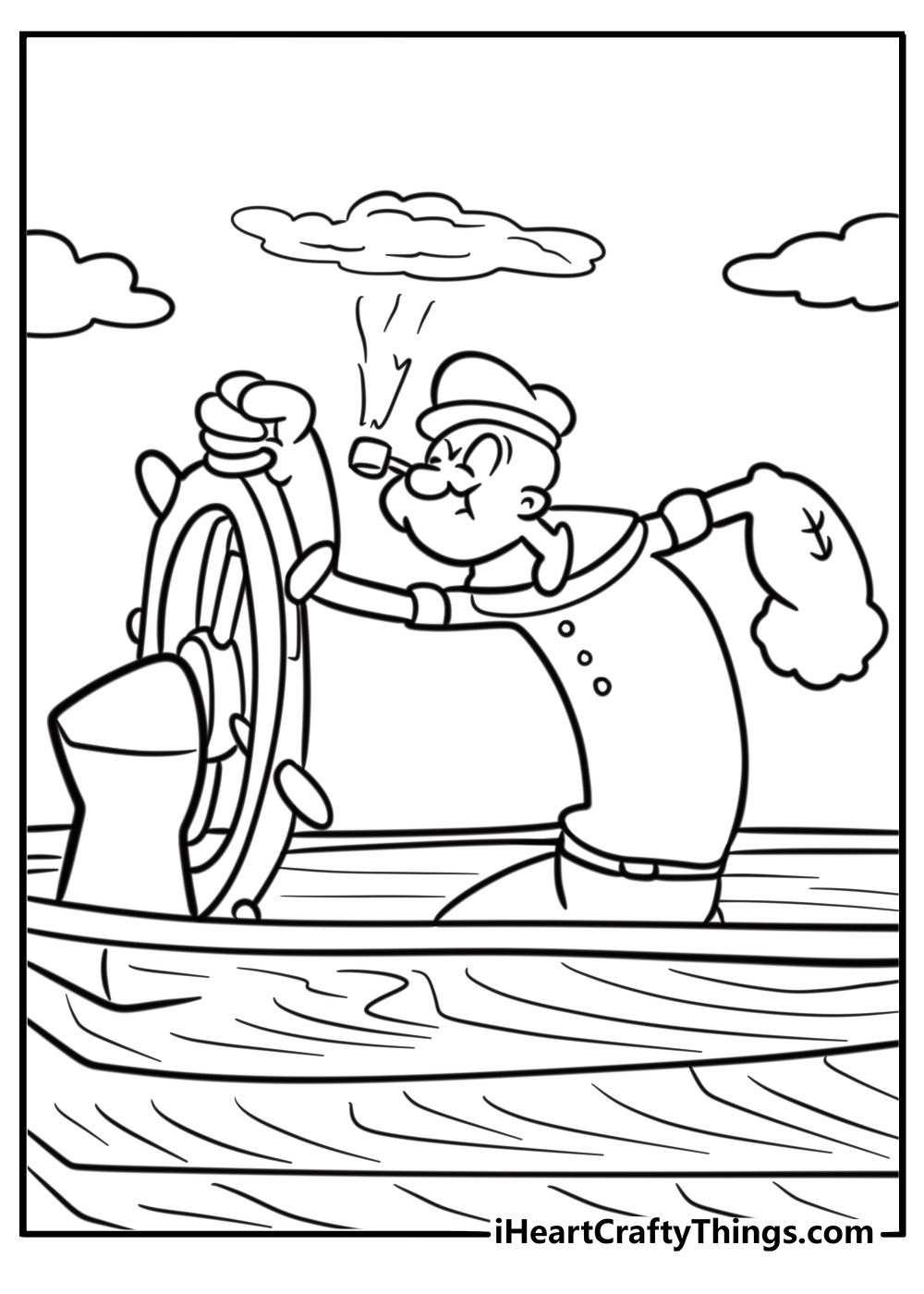 Popeye steering a boat with a pipe in his mouth coloring sheet