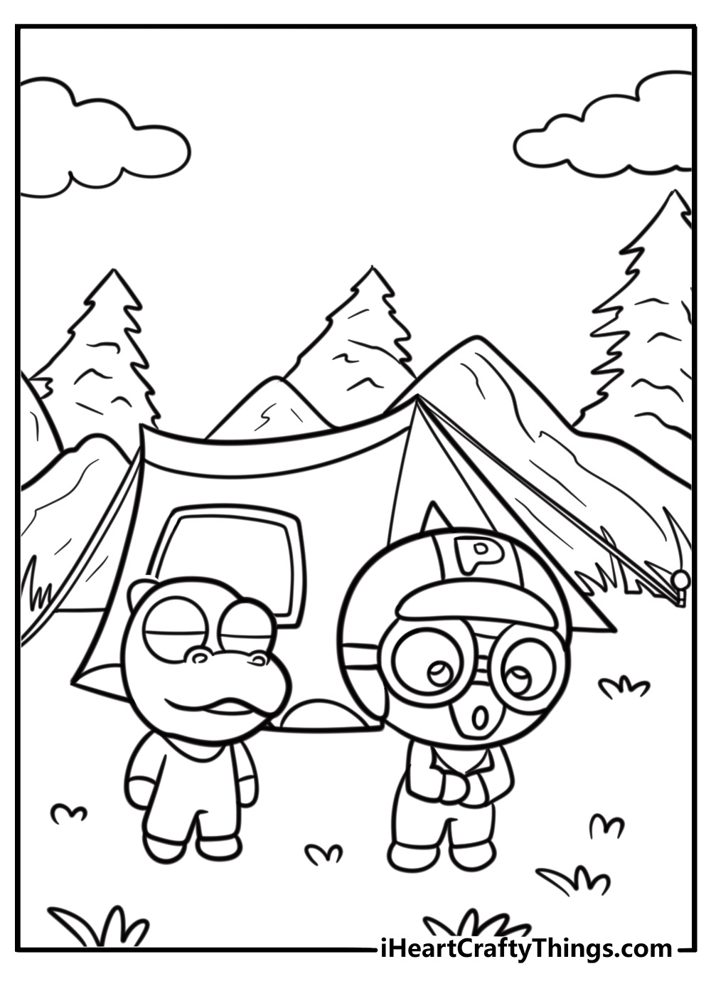Pororo and Crong camping near the forest coloring page