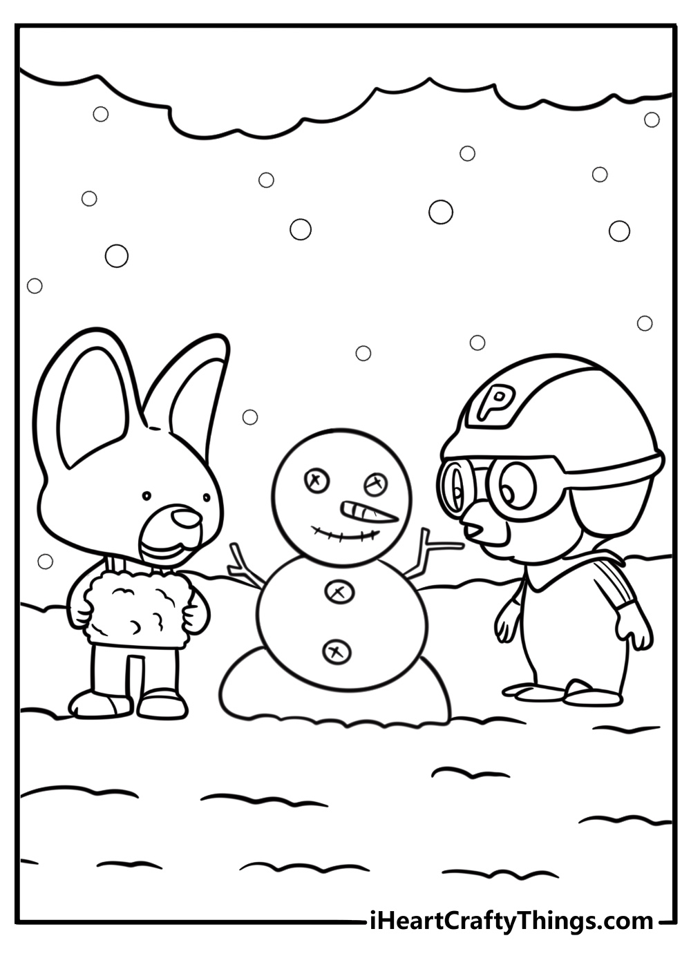 Pororo and friends building a snowman coloring page
