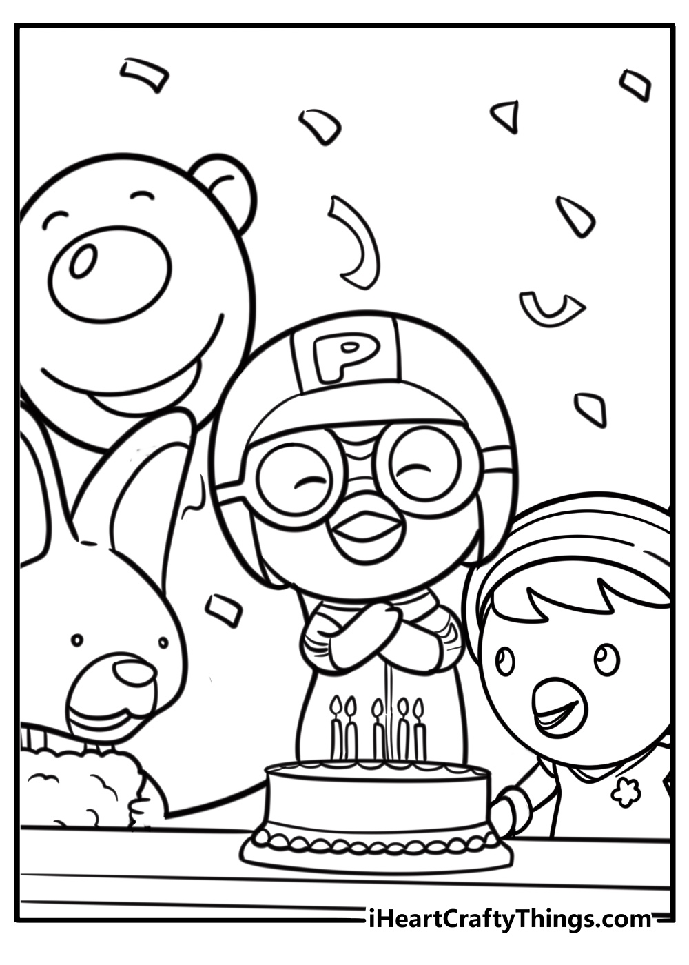 Pororo and friends celebrating a birthday indoors coloring page