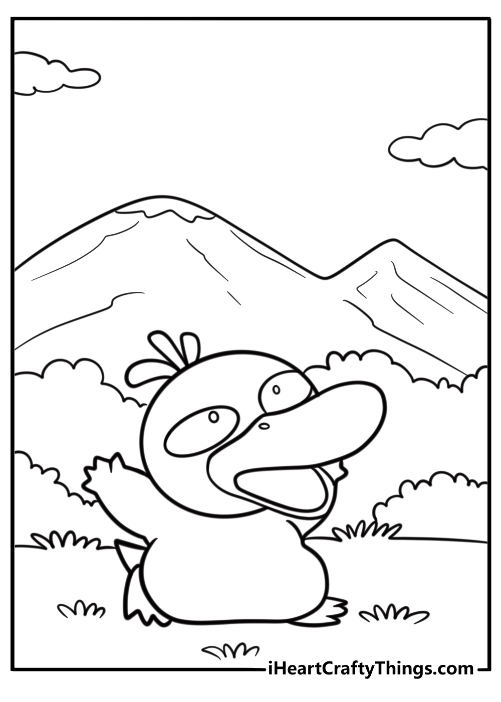 Psyduck in front of a mountain background coloring page
