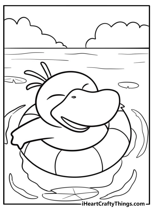 Psyduck near floating lily pads coloring page
