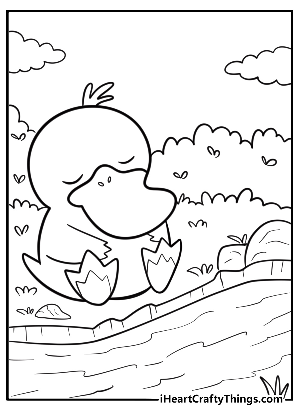 Psyduck sitting near a river coloring page