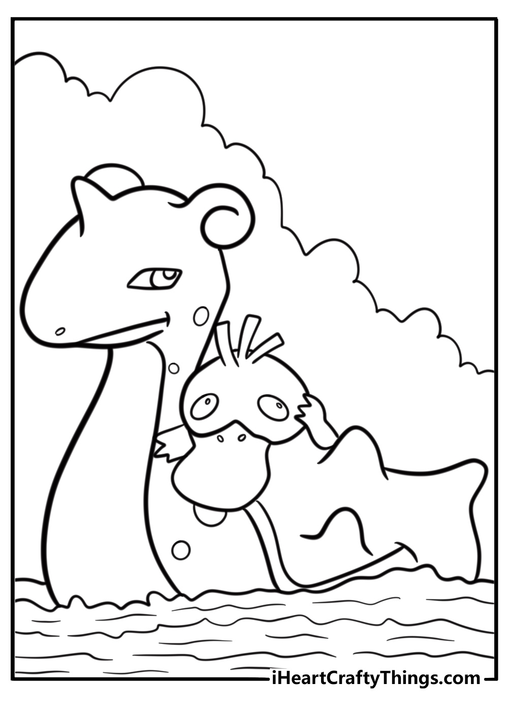 Psyduck standing beside other water type Pokemon coloring page