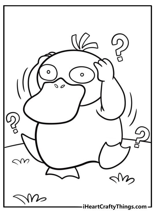 Psyduck surrounded by question marks coloring page