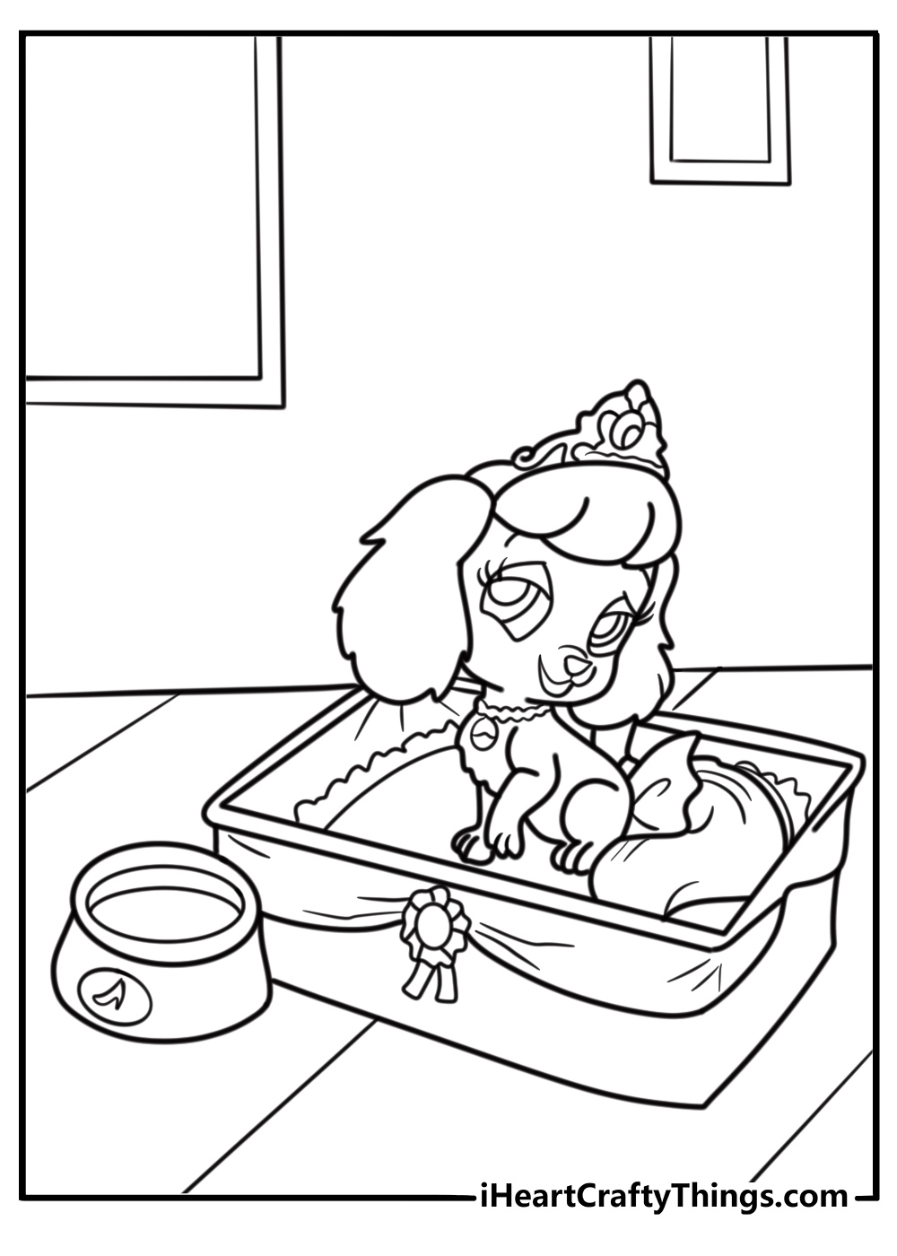 Pumpkin the puppy sitting beside a pillow free coloring page pdf