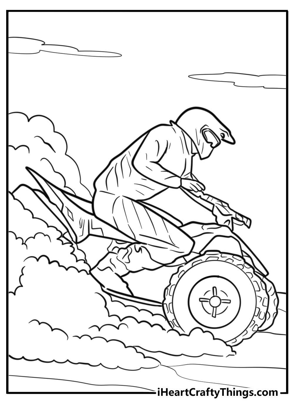 Racing quad bike speeding through sand coloring page
