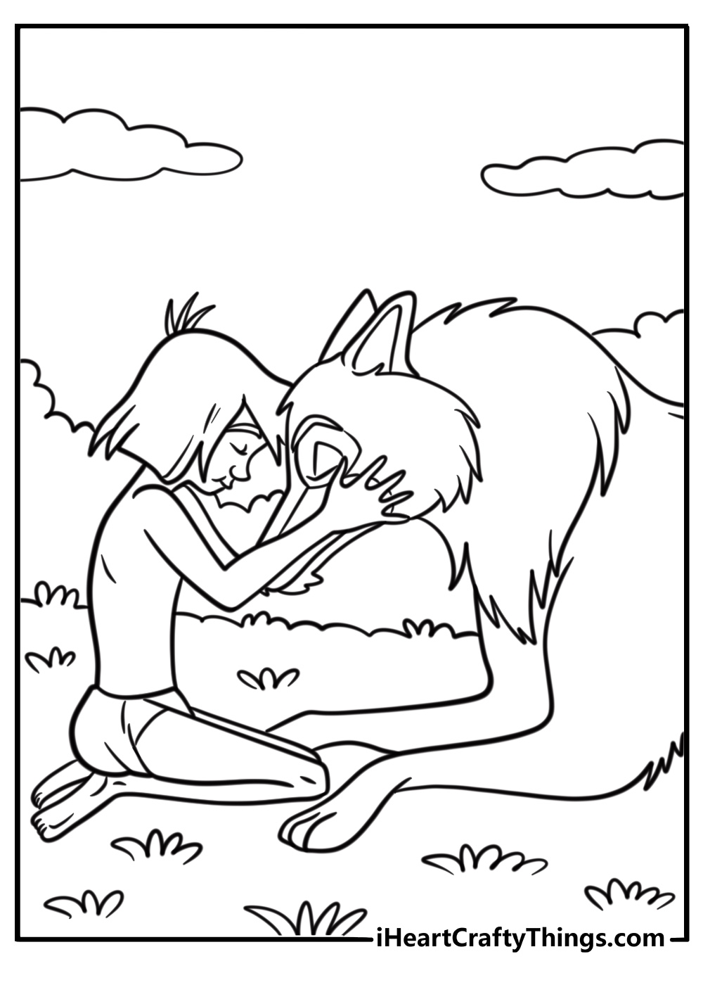 Raksha the wolf mother watching Mowgli coloring page