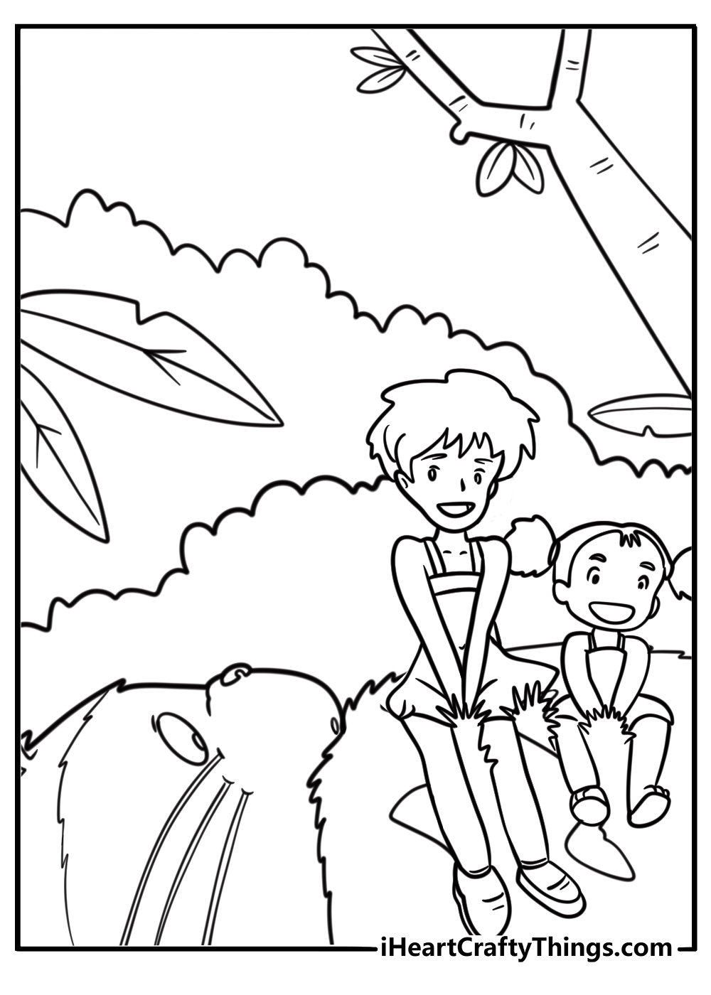 Satsuki and Mei sitting on Totoro coloring page