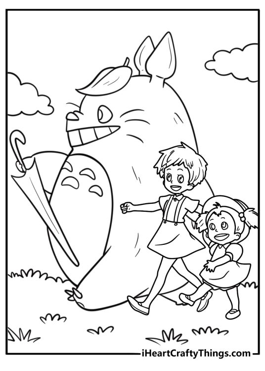 Satsuki and Mei walking beside Totoro coloring page