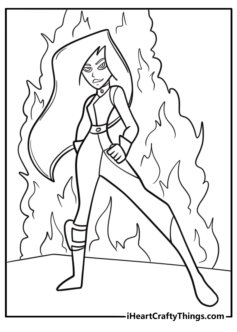 Shego standing in front of flames printable coloring sheet