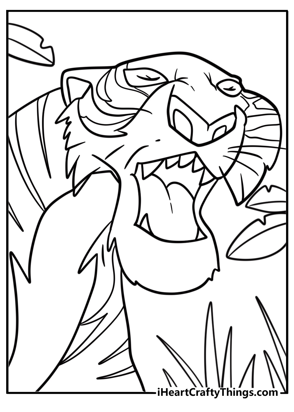 Shere Khan roaring in the jungle coloring page