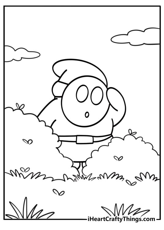 Shy Guy hiding in a bush coloring page