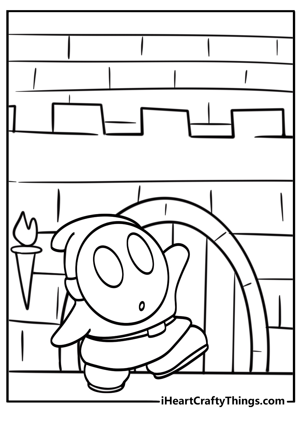 Shy Guy sneaking around a castle coloring page
