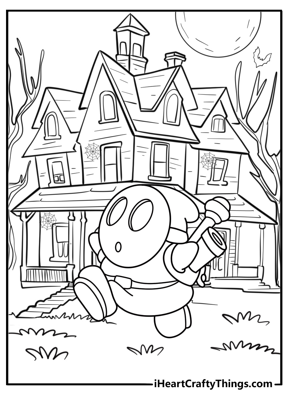 Shy Guy walking in a haunted house coloring page