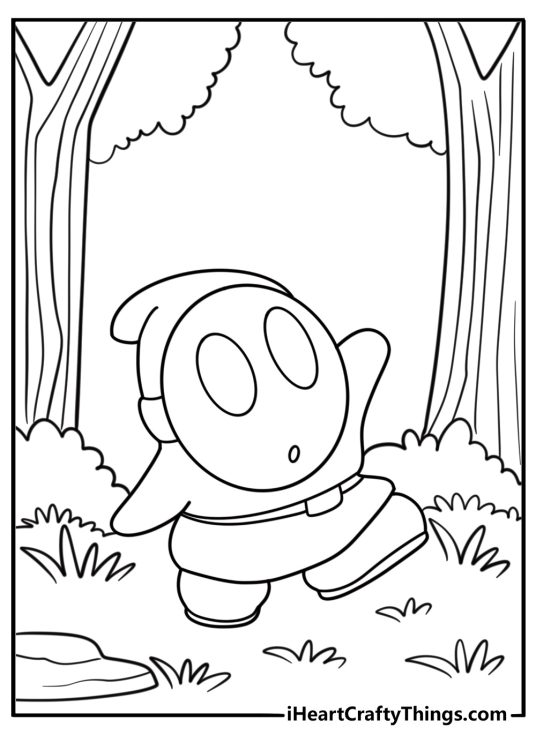 Shy Guy walking quietly through the forest coloring page