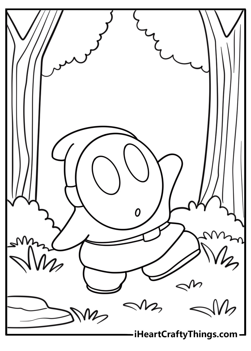 Shy Guy walking quietly through the forest coloring page