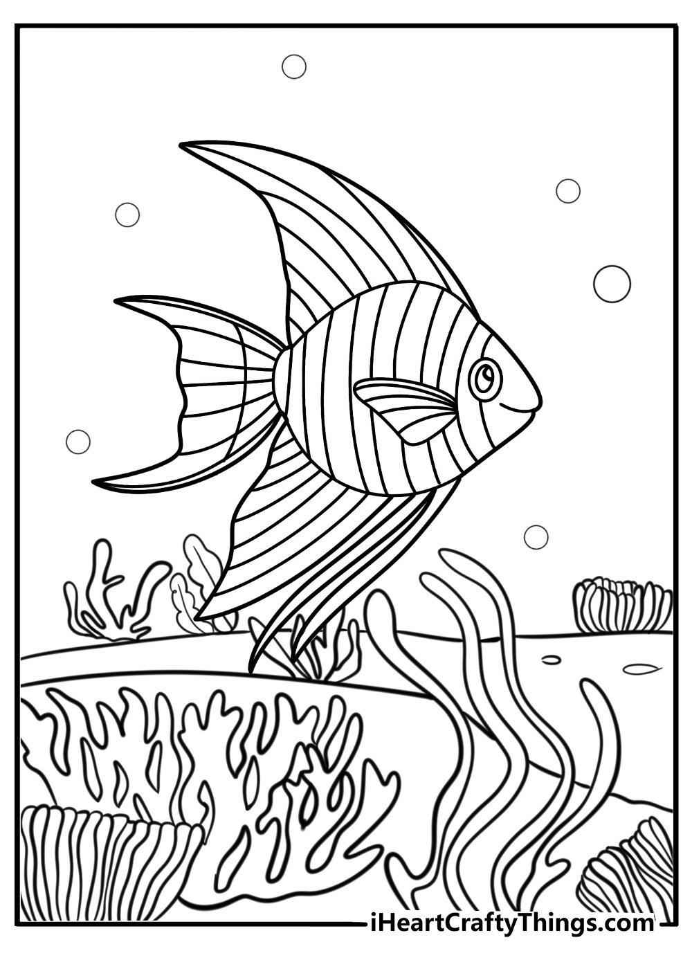 Striped angelfish in an underwater scene coloring page