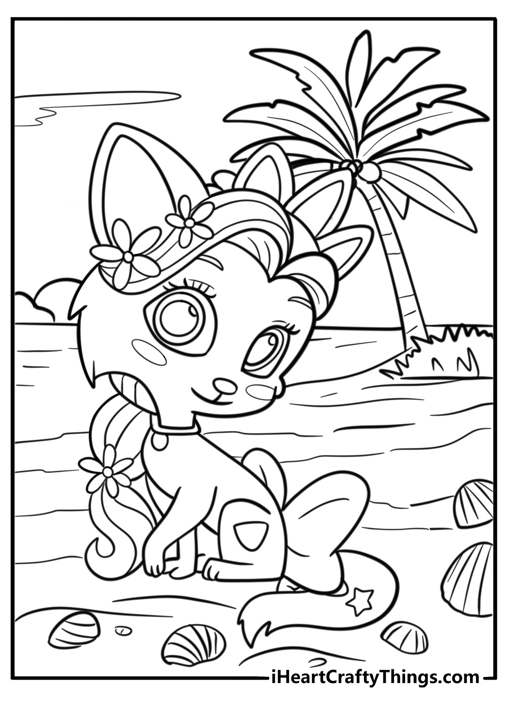 Summer the kitten by the seaside detailed coloring sheet