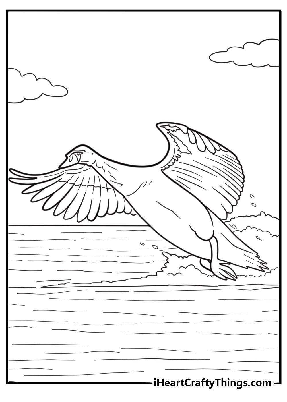 Swan flying low over the water surface fun coloring sheet