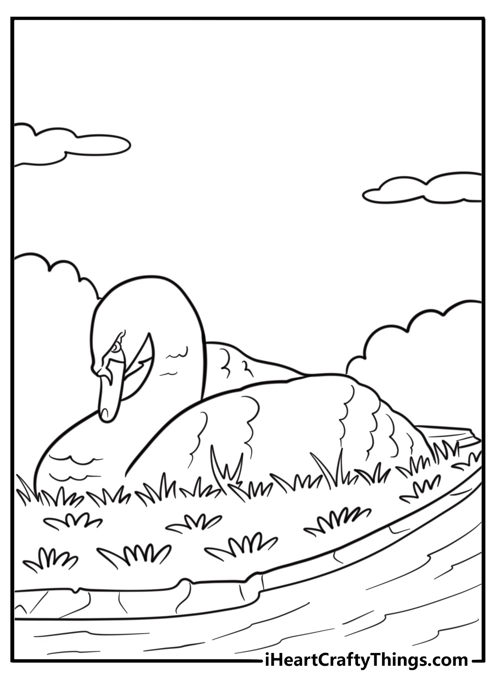 Swan resting on a grassy riverbank detailed coloring sheet