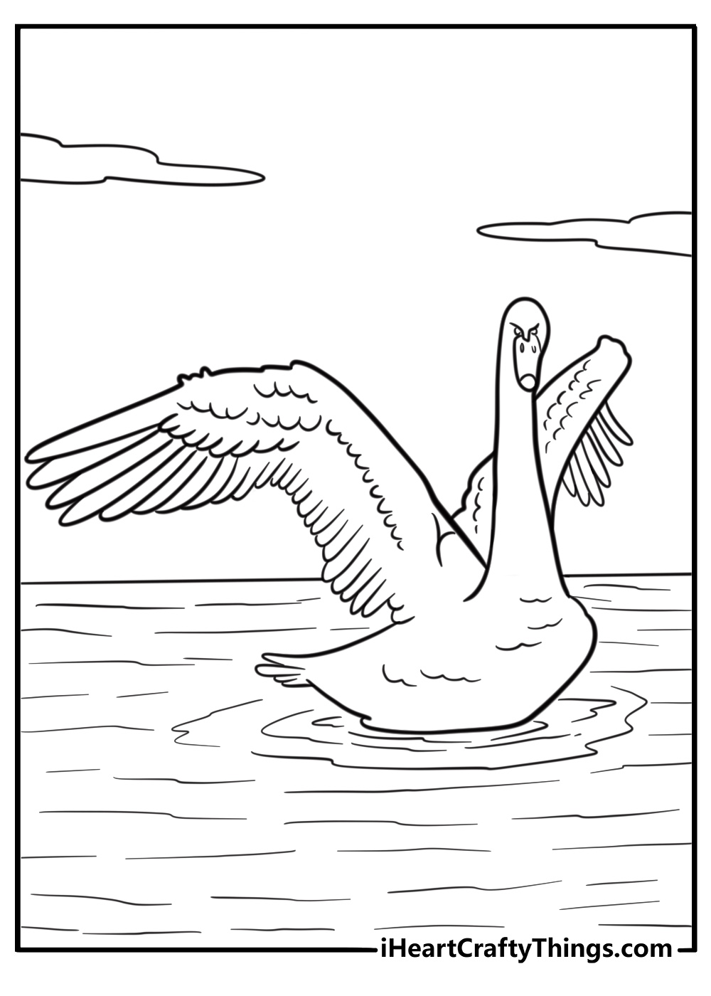 Swan stretching its long neck while swimming coloring page