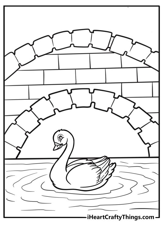 Swan swimming under a stone bridge coloring page