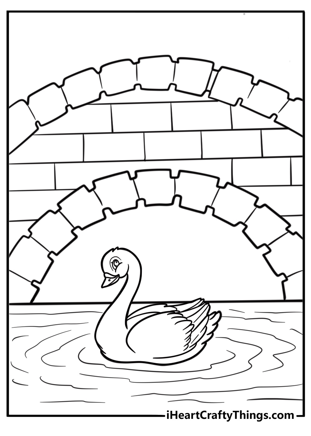 Swan swimming under a stone bridge coloring page