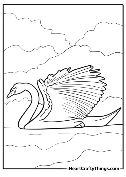 Swan with open wings on a misty lake free coloring page PDF