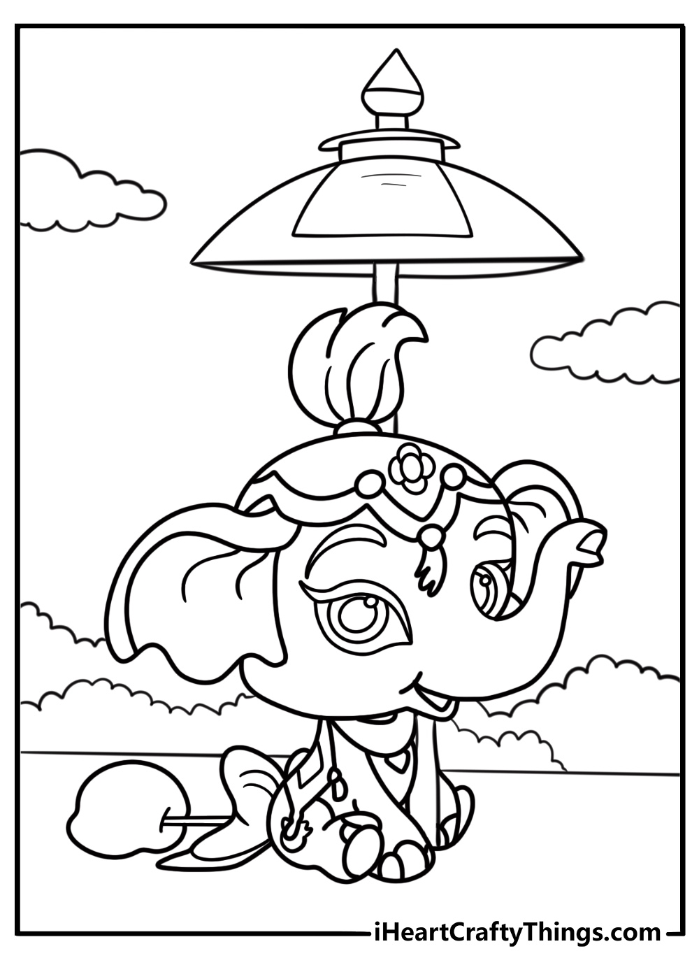 Taj the elephant holding a parasol detailed coloring sheet