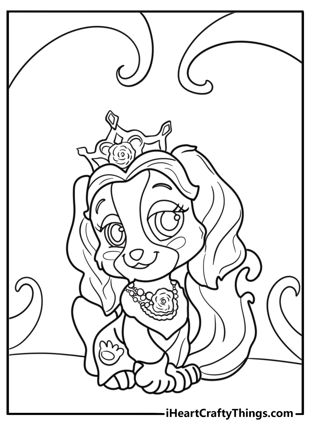 Teacup the puppy with a crown and collar printable coloring sheet