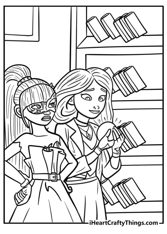 The girls gathered around a glowing map in the library coloring sheet